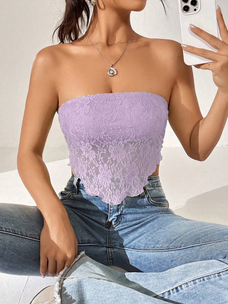 SHEIN Qutie Backless Hanky Hem Lace Tube Top - Lilac Purple - View 1