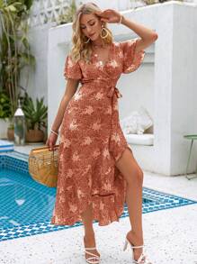 Simplee Floral Print Butterfly Sleeve Ruffle Hem Belted Wrap Dress - Rust Brown - View 1