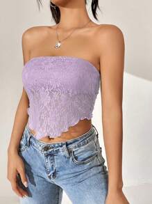 SHEIN Qutie Backless Hanky Hem Lace Tube Top - Lilac Purple - View 3