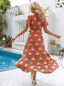 Simplee Floral Print Butterfly Sleeve Ruffle Hem Belted Wrap Dress - Rust Brown - View 2