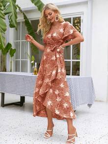 Simplee Floral Print Butterfly Sleeve Ruffle Hem Belted Wrap Dress - Rust Brown - View 3