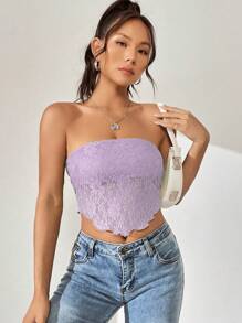 SHEIN Qutie Backless Hanky Hem Lace Tube Top - Lilac Purple - View 4