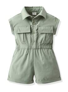 Jumpsuit bé gái Túi Nút phía trước màu trơn Giải trí - màu xanh lá - Xem 1