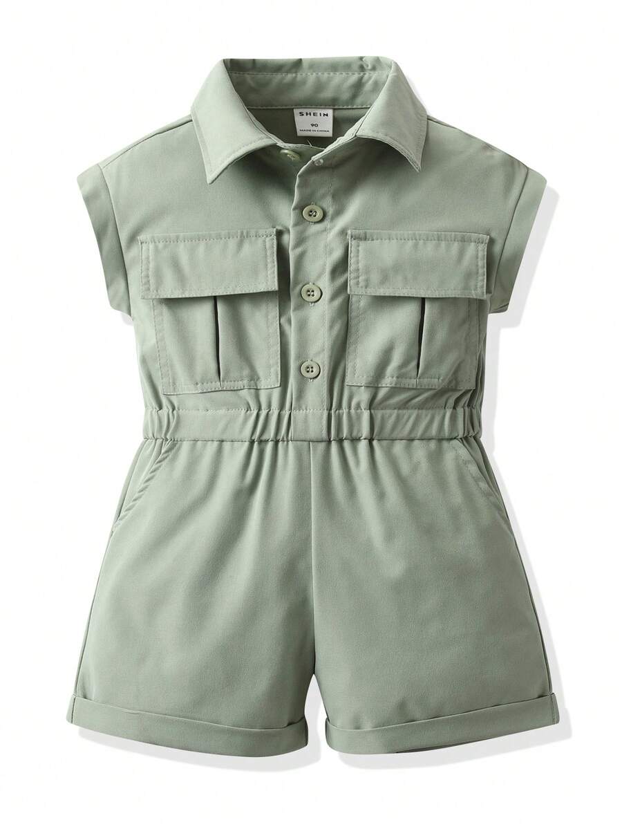 Jumpsuit bé gái Túi Nút phía trước màu trơn Giải trí - màu xanh lá - Xem 1