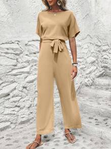 SHEIN Clasi 素色蝙蝠袖腰帶連身褲 - 卡其色 - 查看 1