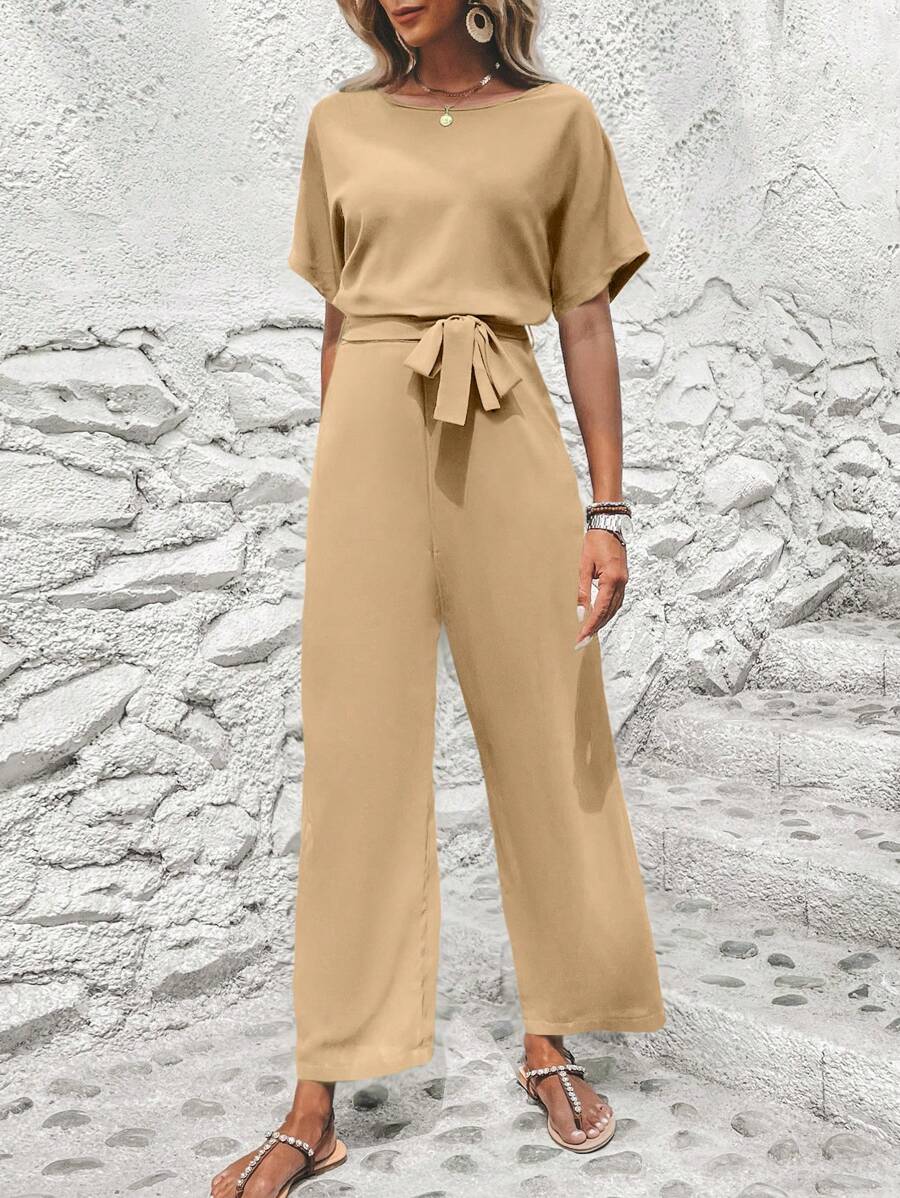 SHEIN Clasi 素色蝙蝠袖腰帶連身褲 - 卡其色 - 查看 1