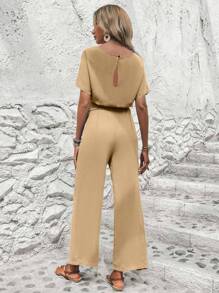 SHEIN Clasi 素色蝙蝠袖腰帶連身褲 - 卡其色 - 查看 2