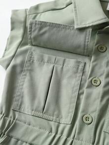 Jumpsuit bé gái Túi Nút phía trước màu trơn Giải trí - màu xanh lá - Xem 7