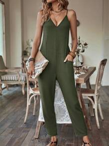 SHEIN LUNE 雙口袋吊帶連體褲 - 軍綠色 - 查看 4