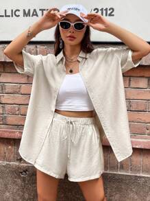 SHEIN Unity 素色落肩袖襯衫和腰部抽繩短褲 - 米色 - 查看 1