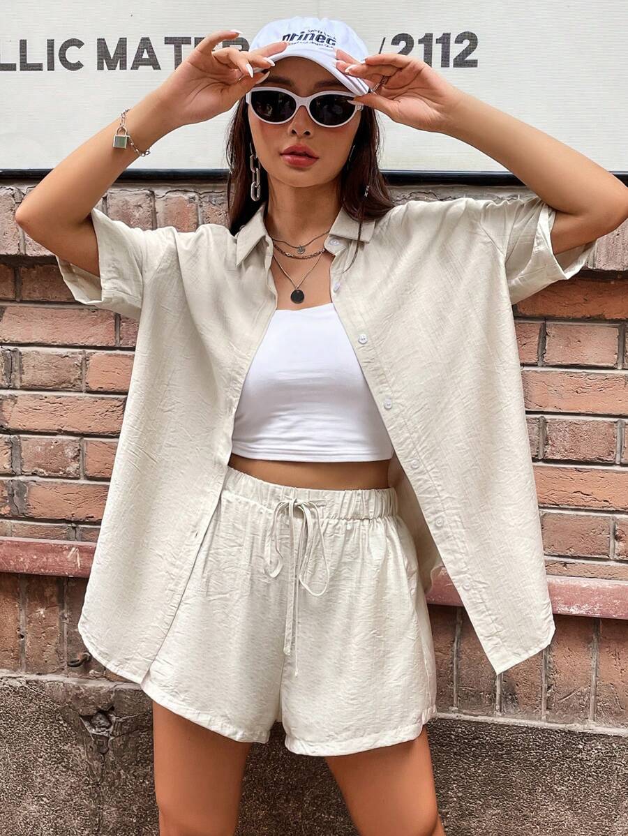 SHEIN Unity 素色落肩袖襯衫和腰部抽繩短褲 - 米色 - 查看 1