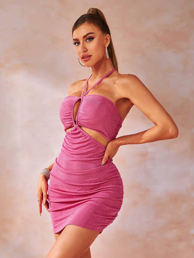Allurite Cắt ra Ca-vát Backless Viền ven Dây Váy bodycon - Màu Hồng Tươi - Xem 1