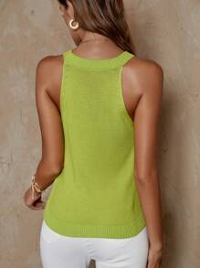 SHEIN LUNE 净色罗纹针织上衣 - 綠色 - 查看 2