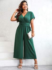 Calvaya 大码女式优雅系腰 V 领短袖绿色阔腿连体裤 - 綠色 - 查看 7
