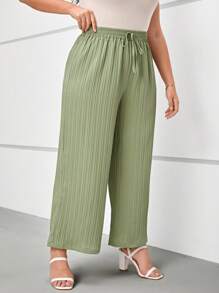SHEIN LUNE Plus Drawstring Waist Wide Leg Pants - Green - View 3