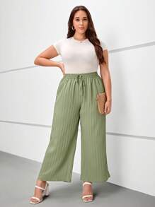 SHEIN LUNE Plus Drawstring Waist Wide Leg Pants - Green - View 4