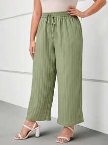SHEIN LUNE Plus Drawstring Waist Wide Leg Pants - Green - View 5