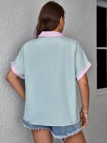 SHEIN LUNE 大碼條紋印花撞色蝙蝠袖襯衫 - 綠色 - 查看 2