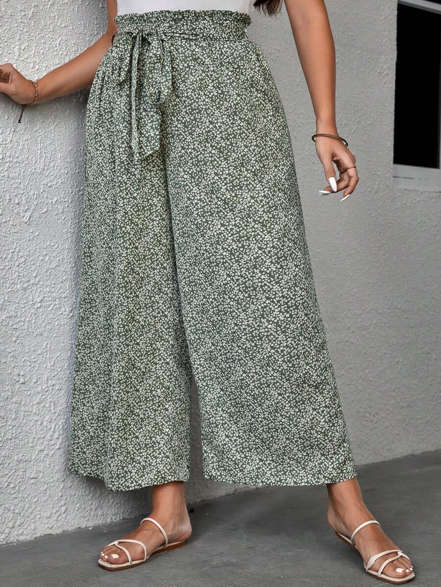 SHEIN LUNE Plus Ditsy Floral Print Paperbag Waist Belted Wide Leg Pants - Green - View 1