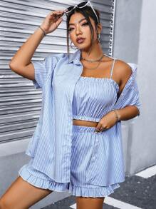 Calvaya Hơn In sọc Áo sơ mi & Lá sen tỉa Áo Cami & Quần short - Màu xanh lam - Xem 1