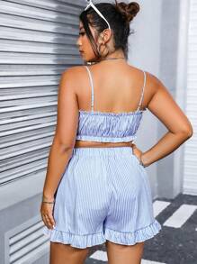 Calvaya Hơn In sọc Áo sơ mi & Lá sen tỉa Áo Cami & Quần short - Màu xanh lam - Xem 2