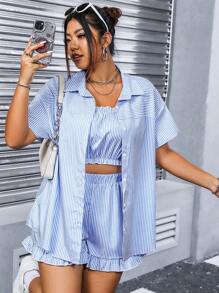 Calvaya Hơn In sọc Áo sơ mi & Lá sen tỉa Áo Cami & Quần short - Màu xanh lam - Xem 5