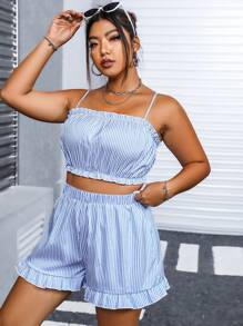 Calvaya Hơn In sọc Áo sơ mi & Lá sen tỉa Áo Cami & Quần short - Màu xanh lam - Xem 7