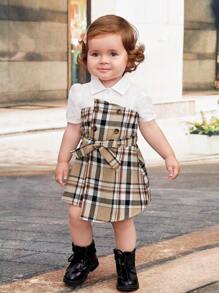 SHEIN 嬰兒格紋印花不對稱下擺繫腰帶連衣裙 - 彩色 - 查看 1