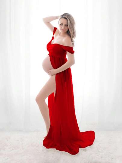 JustVH Vestido para embarazada con hombros descubiertos y dobladillo dividido para sesión de fotos de maternidad