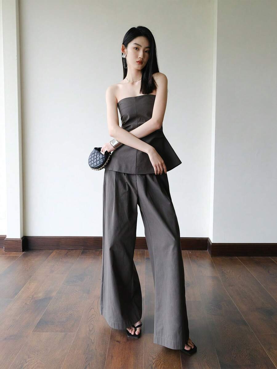Solid Wide Leg Pants - Grey - View 1