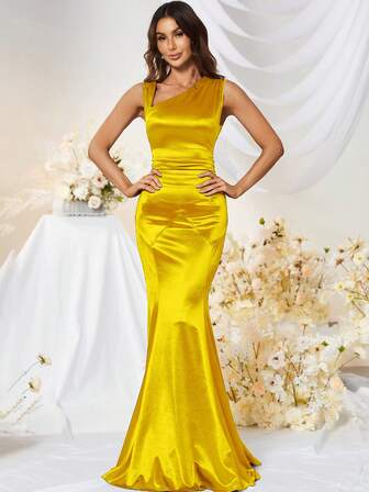 MUXXN 不對稱領褶邊緞面派對禮服