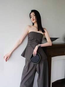 Solid Wide Leg Pants - Grey - View 7