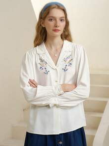 Simple Retro 花卉刺繡西裝領燈籠袖襯衫 - 白色 - 查看 4