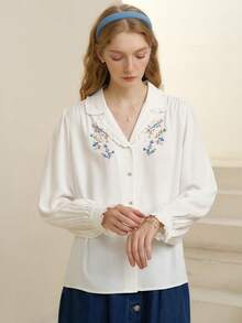 Simple Retro 花卉刺繡西裝領燈籠袖襯衫 - 白色 - 查看 9
