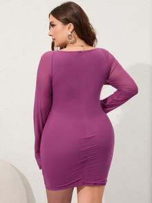 PARTHEA Plus Ring Linked Cut Out Front Ruched Mesh Bodycon Dress - Red Violet - View 2