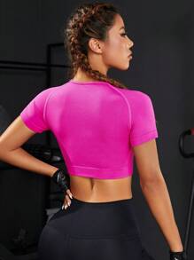 無縫插肩袖運動T恤 - 玫紅色 - 查看 2