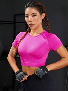 無縫插肩袖運動T恤 - 玫紅色 - 查看 3