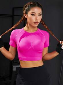 無縫插肩袖運動T恤 - 玫紅色 - 查看 6