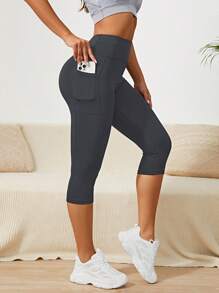 Easithlete Wide Waistband Phone Pocket Side Capri Sports Leggings Yoga Women Pants - Dark Grey - View 1