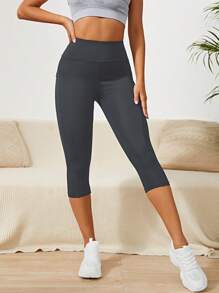 Easithlete Wide Waistband Phone Pocket Side Capri Sports Leggings Yoga Women Pants - Dark Grey - View 3