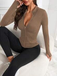 SHEIN Yoga Basic 拉鏈開襟條紋針織運動夾克 - 咖啡棕 - 查看 1