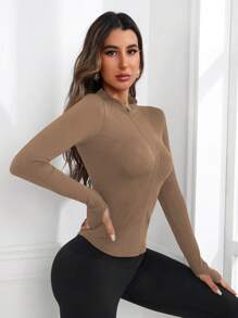 SHEIN Yoga Basic 拉鏈開襟條紋針織運動夾克 - 咖啡棕 - 查看 2