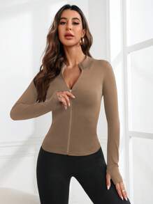 SHEIN Yoga Basic 拉鏈開襟條紋針織運動夾克 - 咖啡棕 - 查看 4