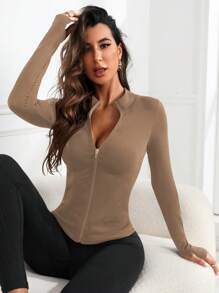 SHEIN Yoga Basic 拉鏈開襟條紋針織運動夾克 - 咖啡棕 - 查看 5