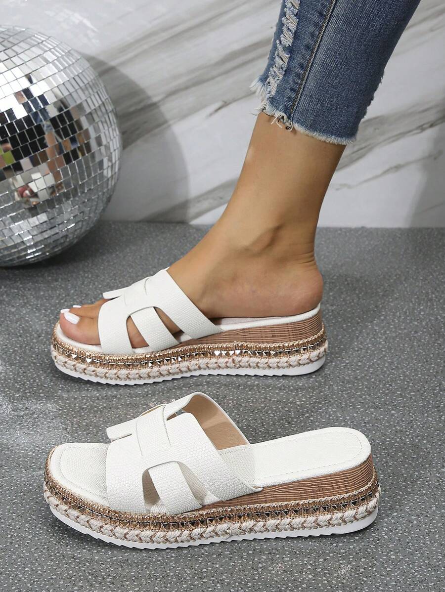 Mùa hè Đúng mốt Nêm Gót chân Nền tảng Dép xăng đan Với Mô hình hoa Đối với phụ nữ - trắng - Xem 1