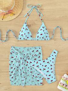 櫻桃圖案三角杯比基尼泳裝附沙灘裙