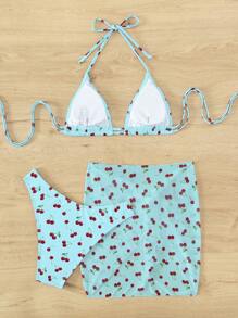 櫻桃圖案三角杯比基尼泳裝附沙灘裙