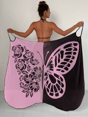 SHEIN Swim 2025 Kobiety Wakacje Motyl & Kwiatowy Nadruk Jednoczęściowy Szal Lato