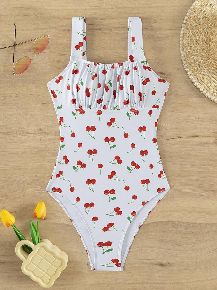 Cherry Print Ruched Bust One Piece Swimsuit, For Summer Beach