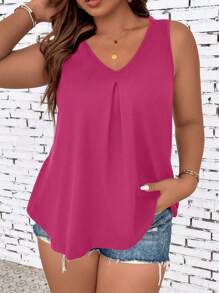 SHEIN LUNE Plus Enfärgat V Hals Linnen - Skrikrosa - Visa 1